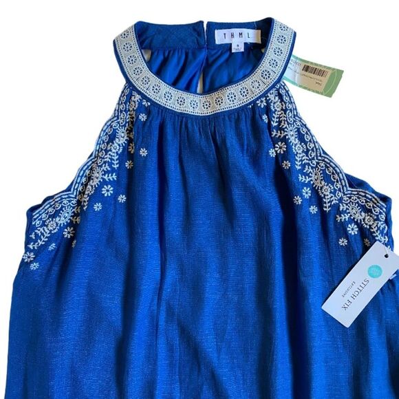 NWT THML Vittoria Embroidered Sleeveless Dress Lined Size S Cobalt Blue Scallop - Picture 6 of 12